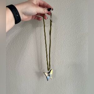 Vintage Fairycore sliver and shell butterfly pendant and green rope necklace
